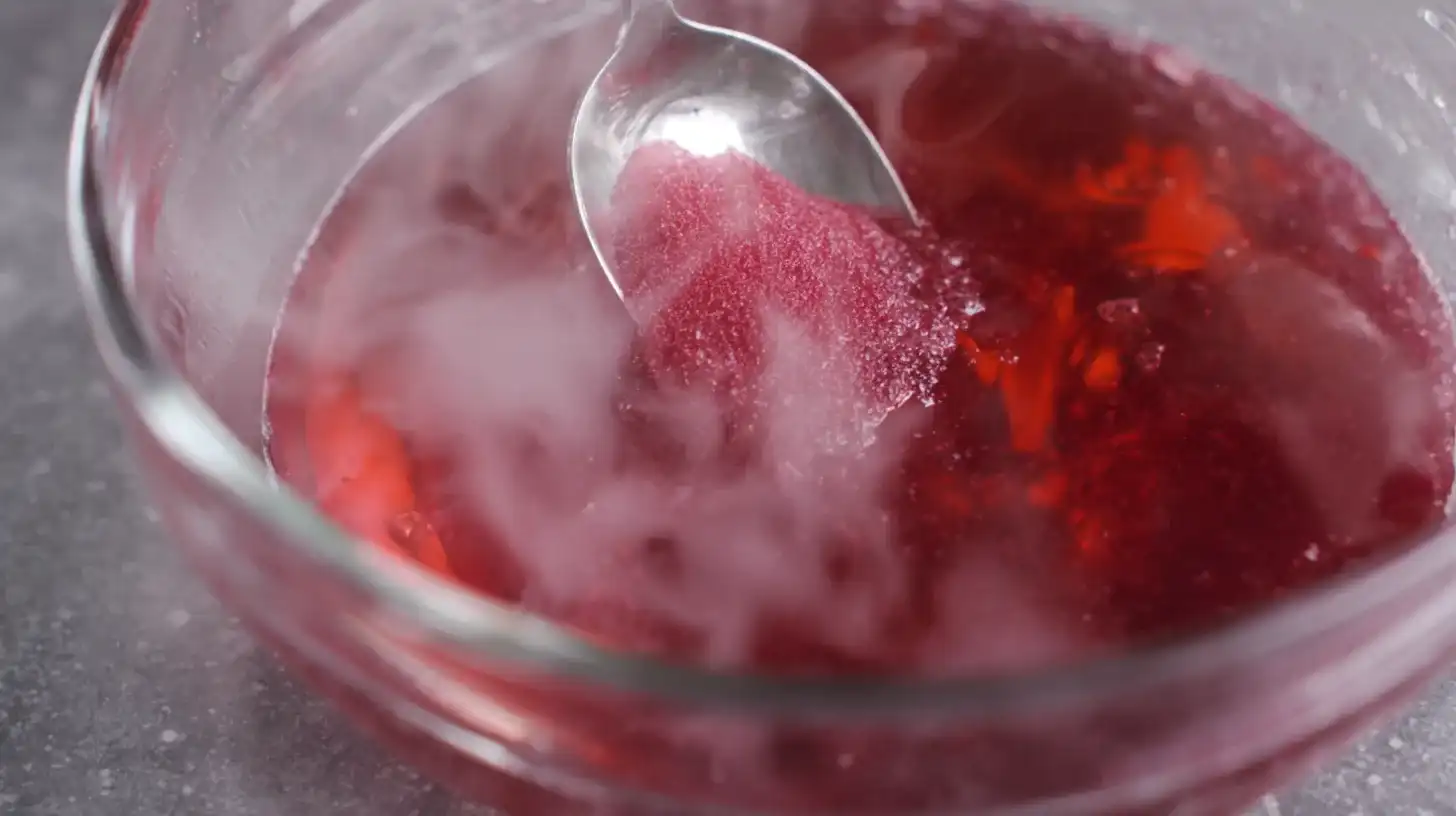 mixing-jello-for-panic-shots stirring raspberry jello in bowl for pink panic shots