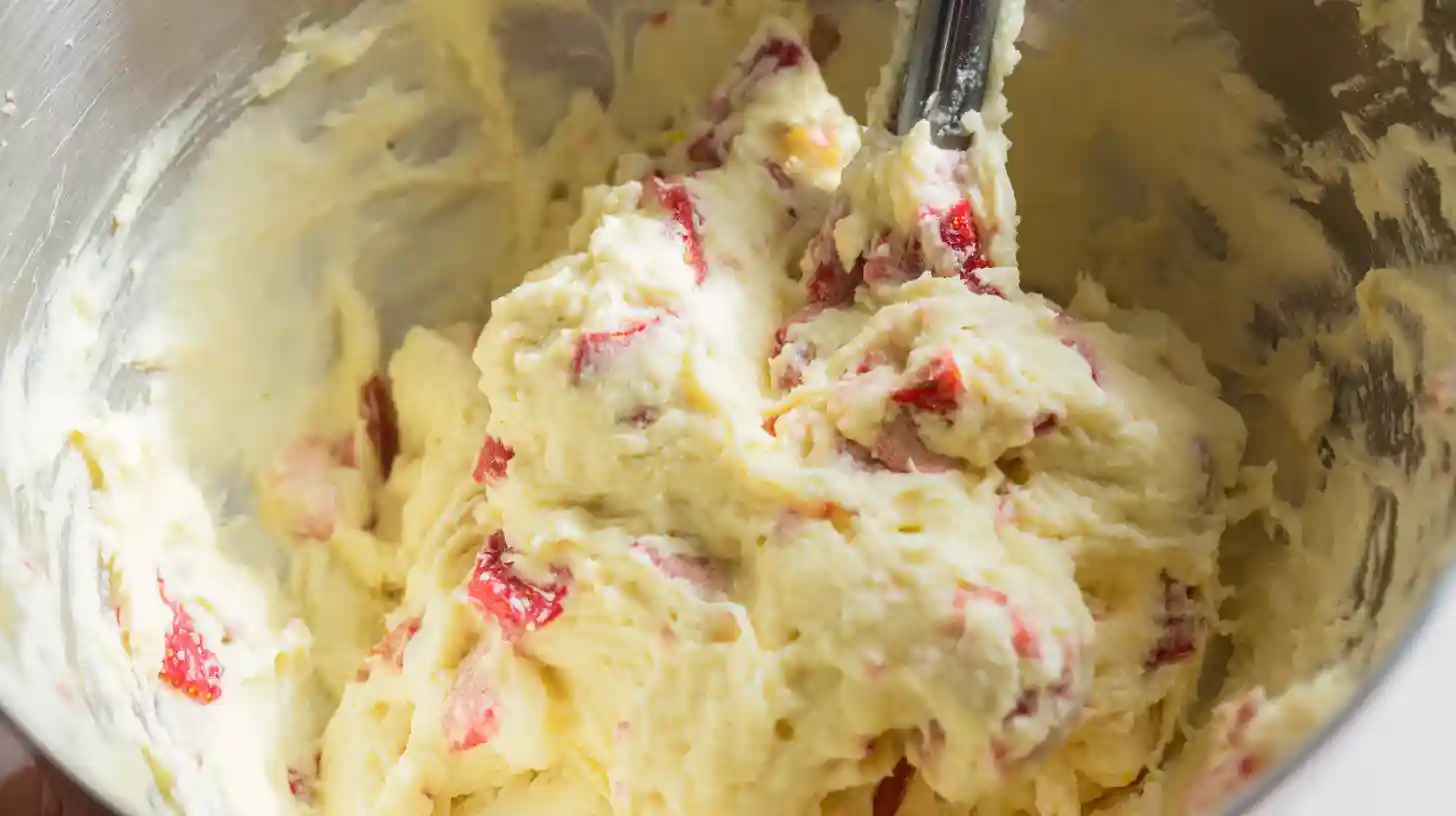 mixing-pineapple-strawberry-pound-cake mixing thick pound cake batter with fruit