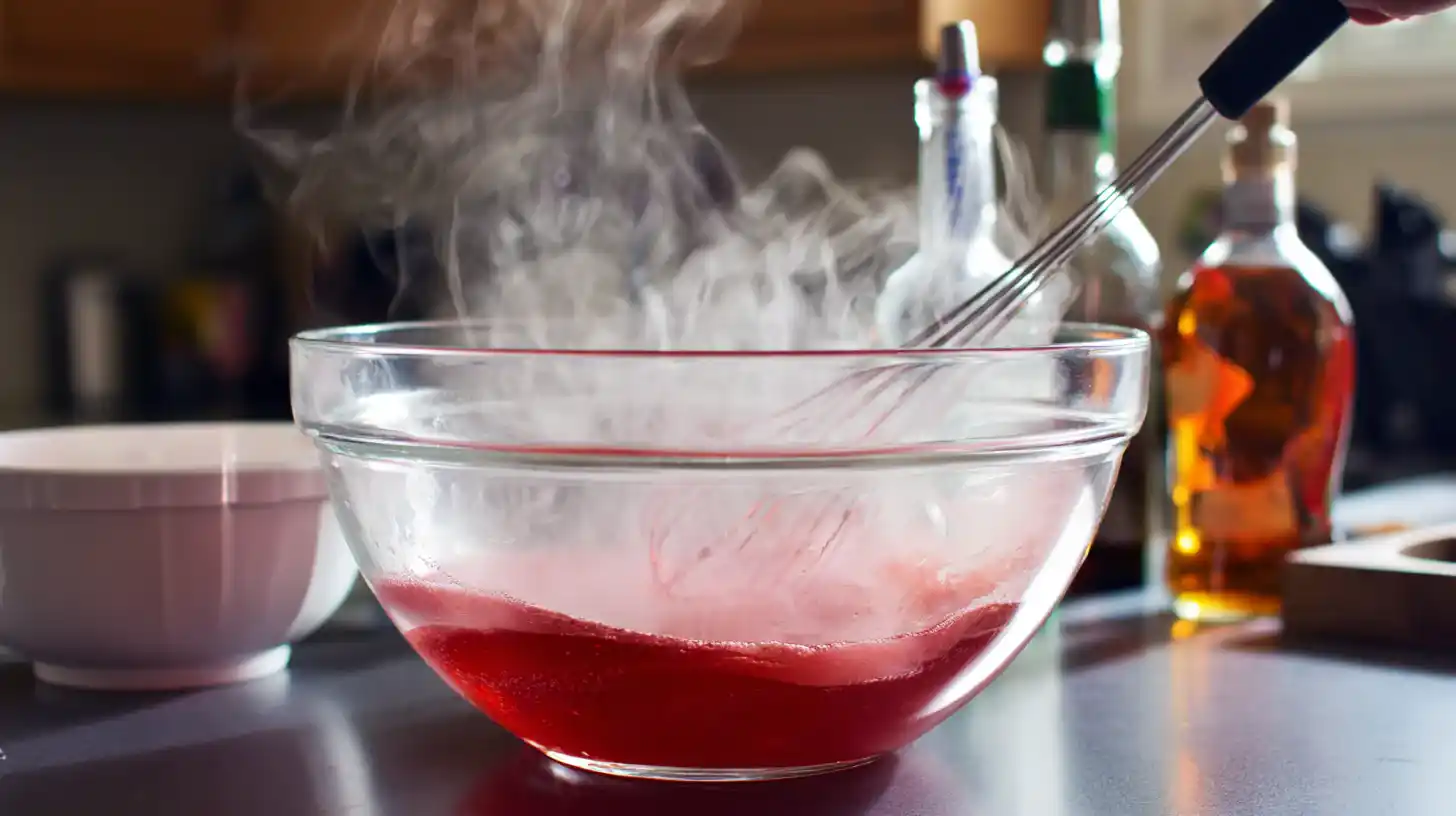 mixing-strawberry-jello-shots whisking strawberry Jello into hot water