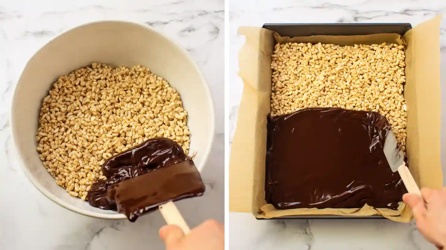muddy-buddy-rice-krispies-recipe-step2 Coating Rice Krispies with chocolate peanut butter mix Muddy Buddy Rice Krispies Recipe