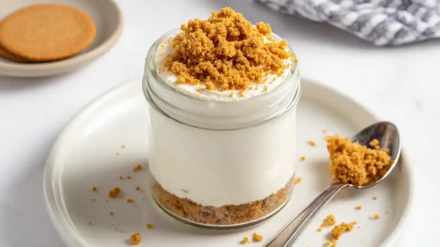 no-bake-protein-cheesecake-serving Chilled no bake protein cheesecake in serving jar