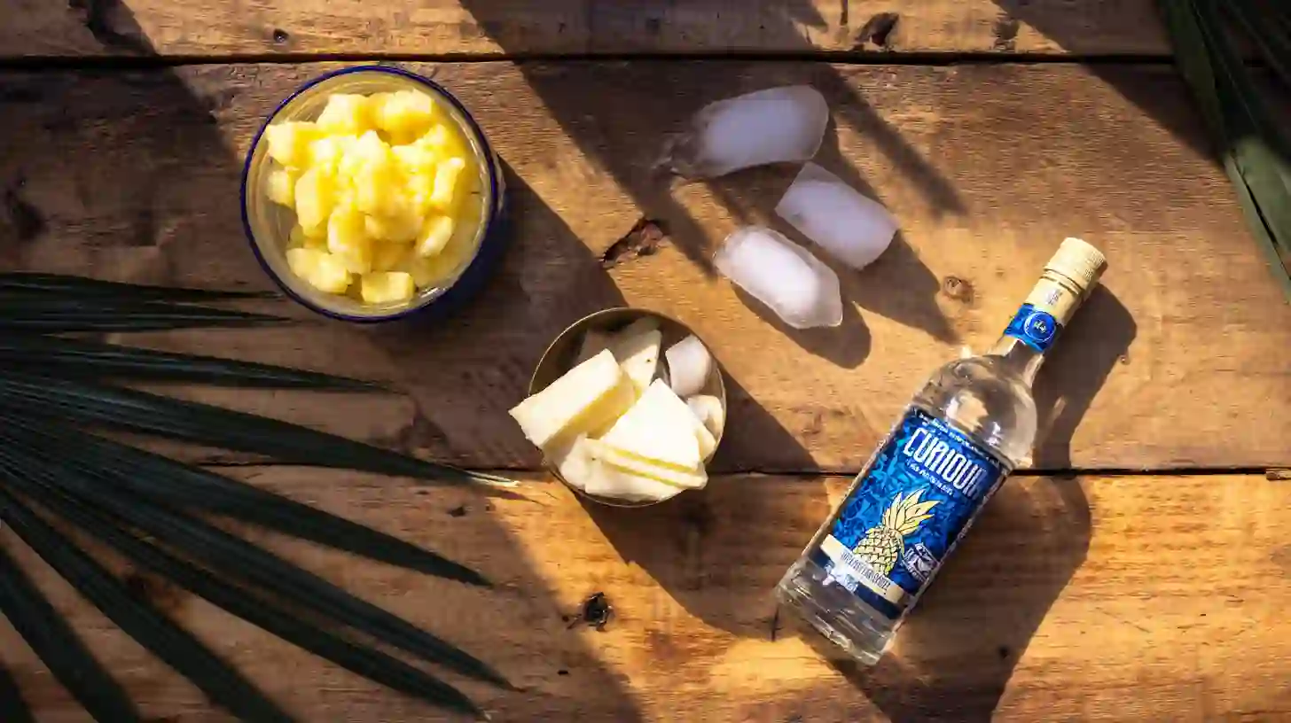 ocean-blue-Piña-colada-ingredients Ingredients for ocean blue piña colada laid out