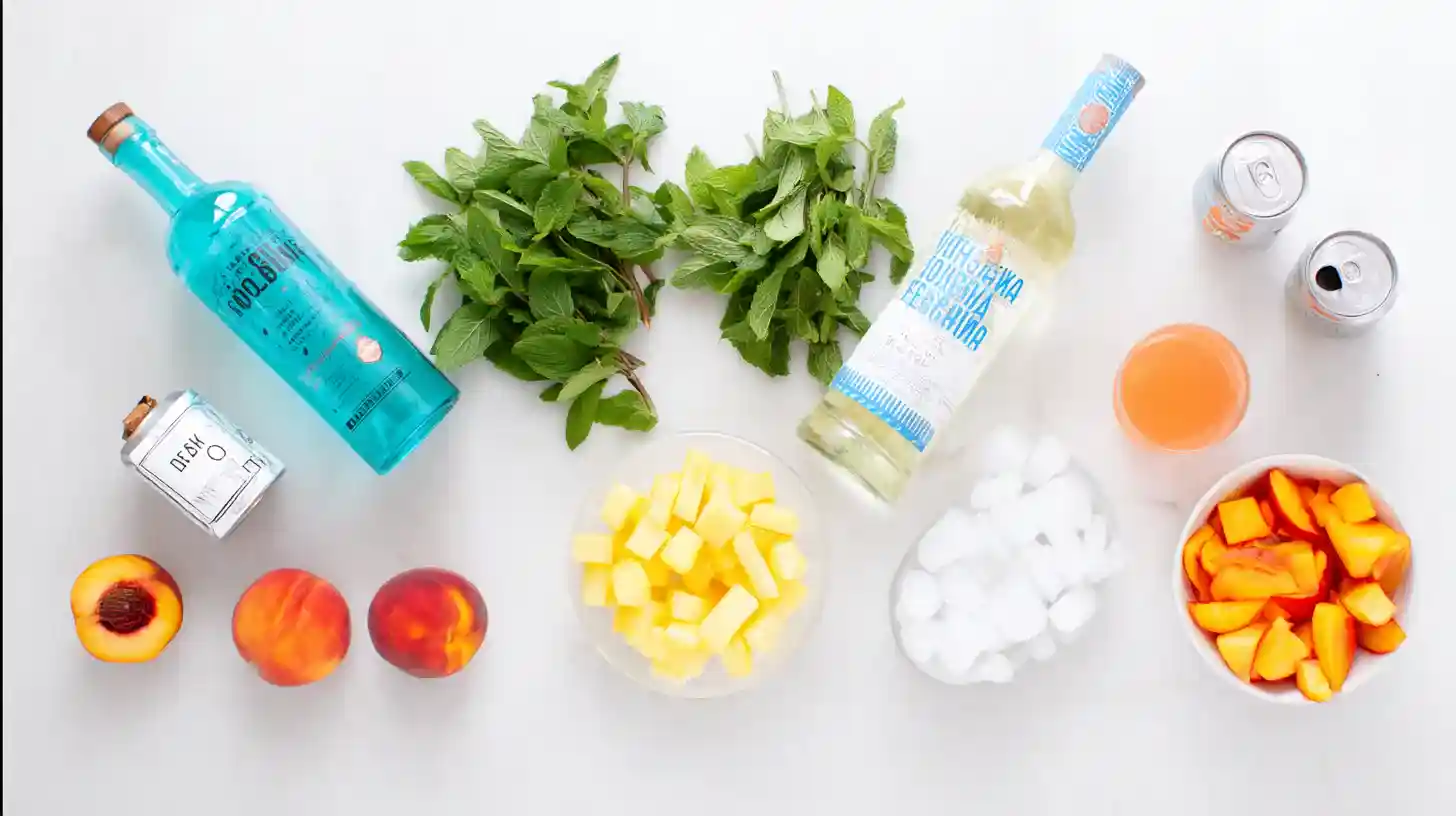 ocean-peach-punch-ingredients Ingredients for Ocean Peach Punch laid out on counter