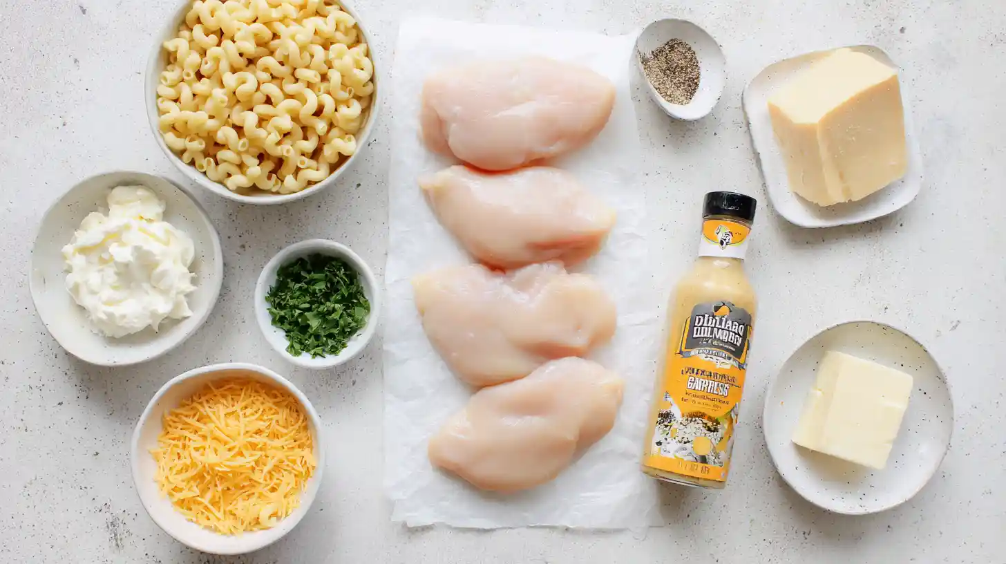 parmesan-garlic-chicken-mac-and-cheese-recipe-ingredients Ingredients for Parmesan garlic chicken mac and cheese recipe flat lay