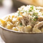 Served bowl of Parmesan garlic chicken mac and cheese recipe