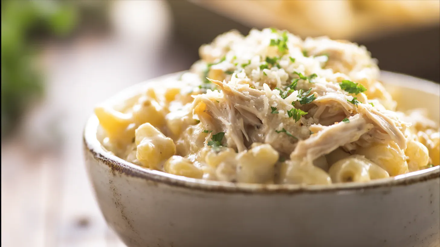 parmesan-garlic-chicken-mac-and-cheese-recipe-served Served bowl of Parmesan garlic chicken mac and cheese recipe