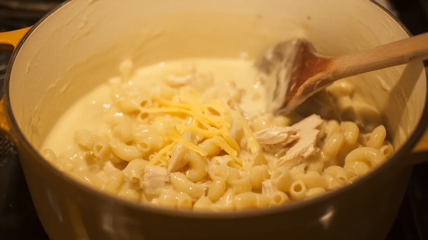 parmesan-garlic-chicken-mac-and-cheese-recipe-step2. Pasta and chicken mixed in creamy garlic cheese sauce