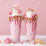 tall pink candy freakshakes with whipped cream and candy