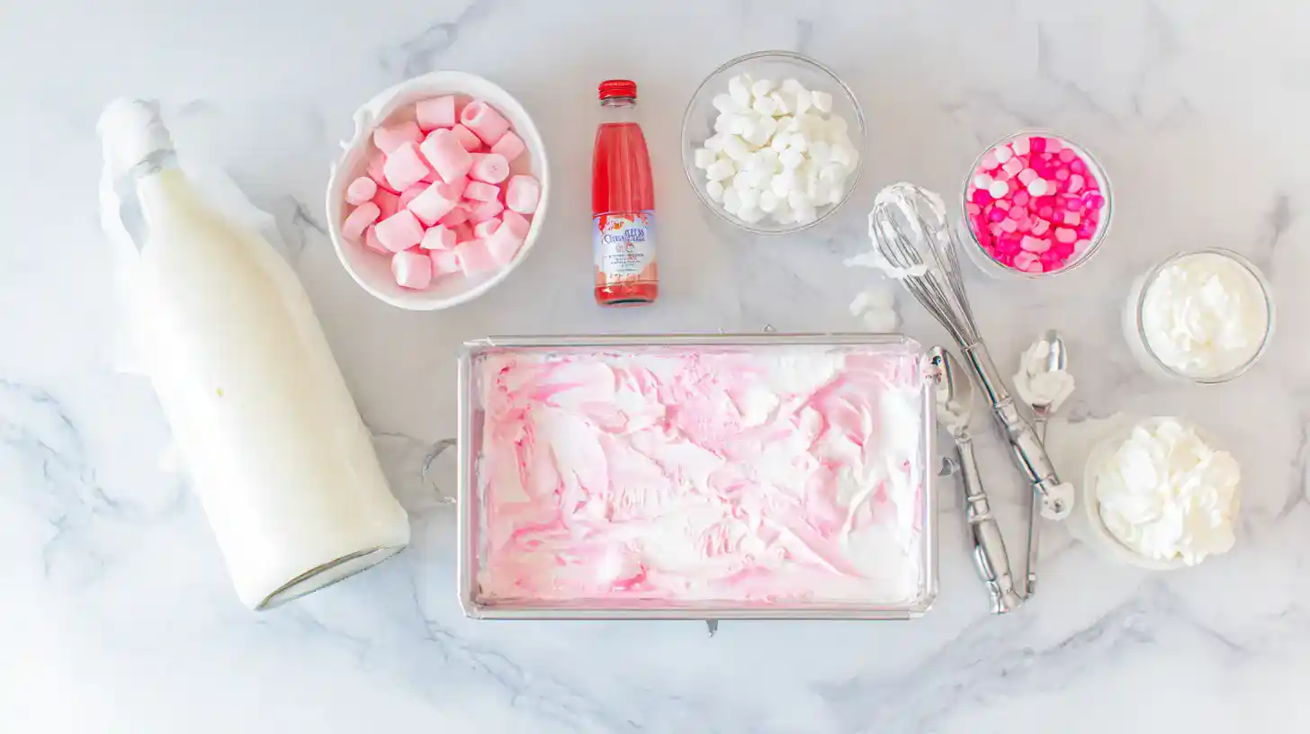 pink-candy-freakshakes-ingredients ingredients for pink candy freakshakes on marble counter