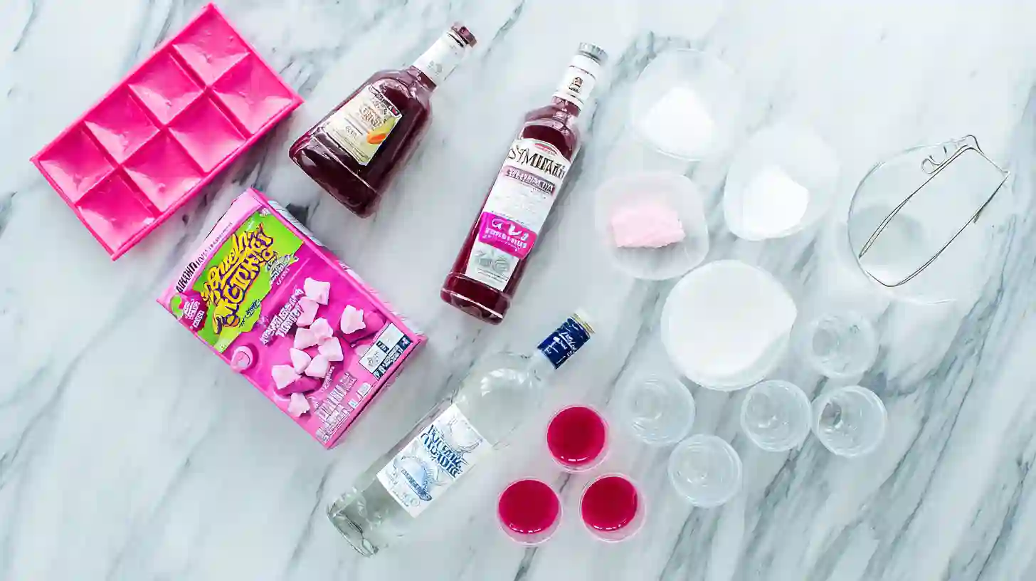 pink-pony-jello-shot-ingredients Ingredients for Pink Pony Jello Shots laid out