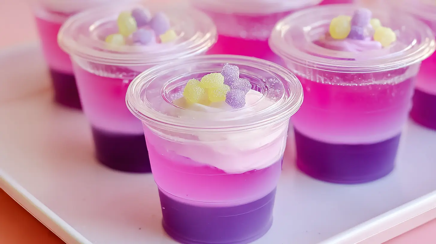 pink-pony-jello-shots-featured3 Close-up of layered Pink Pony Jello Shots in clear plastic cups, topped with whipped cream and pastel-colored gummy candies.