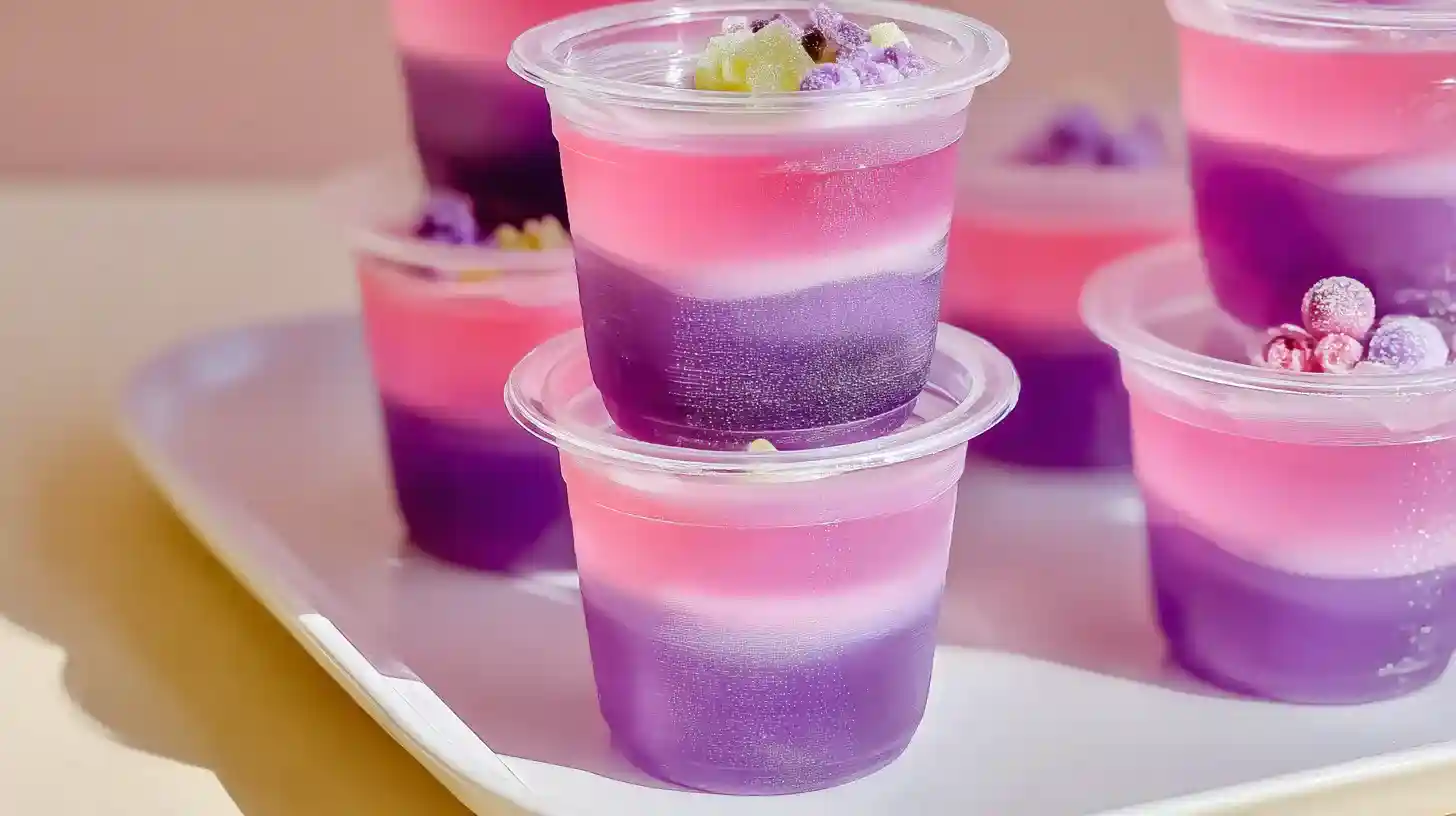 pink-pony-jello-shots-recipes-featured5 Stacked plastic cups of layered Pink Pony Jello Shots in vivid purple, white, and pink bands, topped with pastel gummy candies on a serving tray.