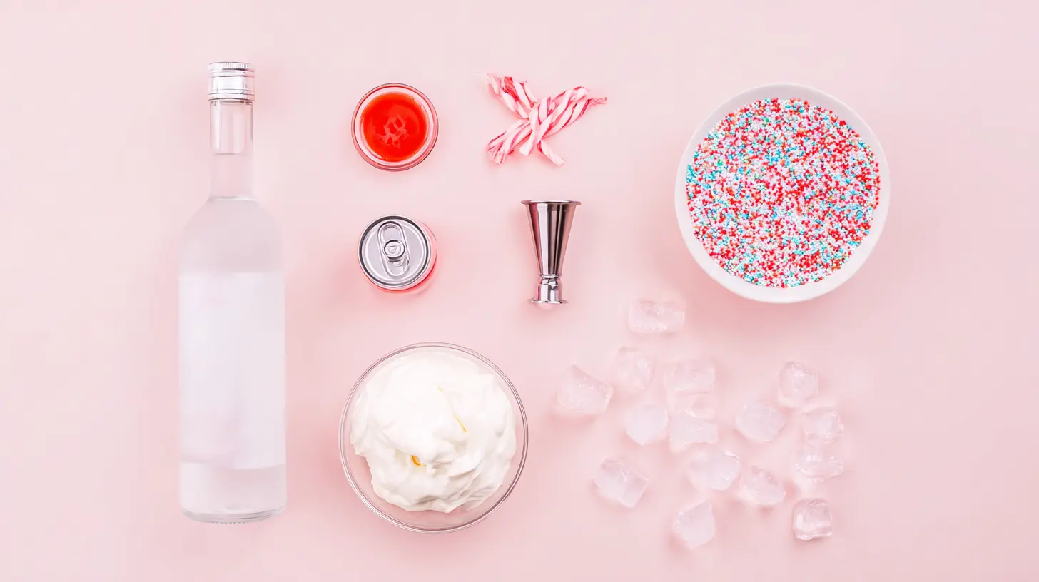 pink-pony-shots-with-whipped-cream-ingredients ingredients for pink pony shots on pink surface