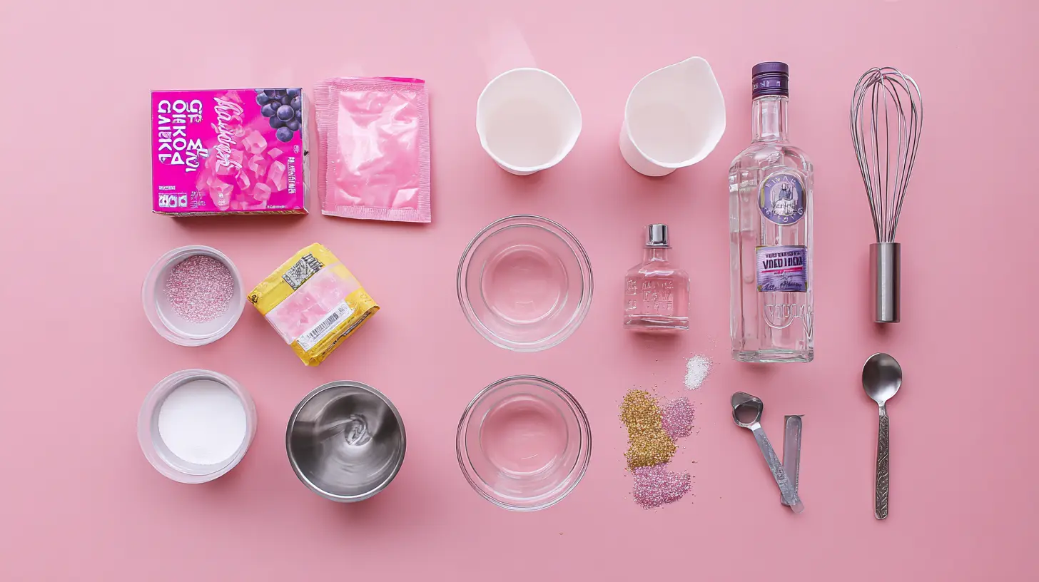 pink-pony-vodka-jello-shots-ingredients2 Ingredients for Pink Pony Vodka Jello Shots flat lay image ingredients2