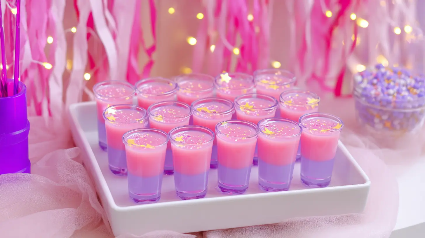 pink-pony-vodka-jello-shots-served2 Finished Pink Pony Vodka Jello Shots with glitter on party tray