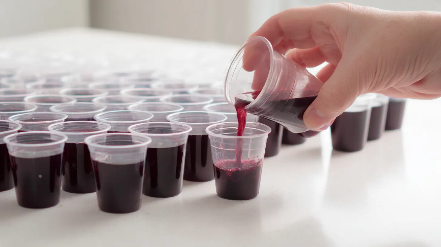 pink-pony-vodka-jello-shots-step1 Pouring purple jello layer into cups for Pink Pony Vodka Jello Shots