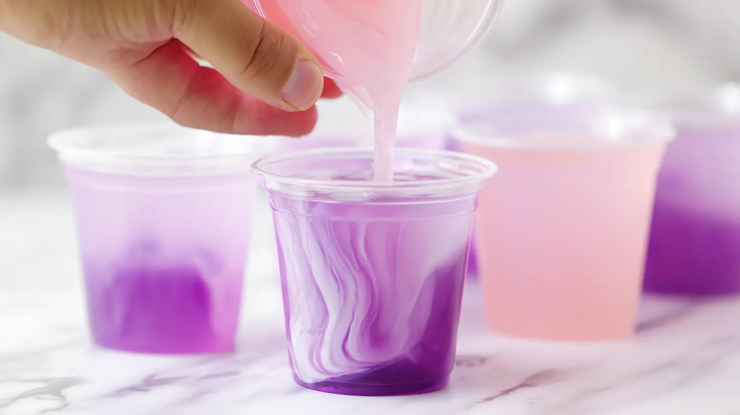 pink-pony-vodka-jello-shots-step2 Pouring pink lemonade layer over jello for Pink Pony Vodka Jello Shots