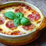 Baked Pizzagna Italian Fusion Bake Recipe with melted cheese, pepperoni, and basil