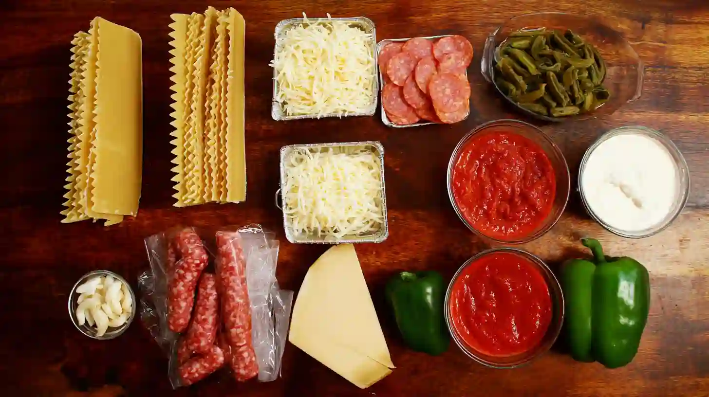 pizzagna-italian-fusion-Bake-Recipe-ingredients Ingredients for Pizzagna Italian Fusion Bake Recipe fusion bake laid out