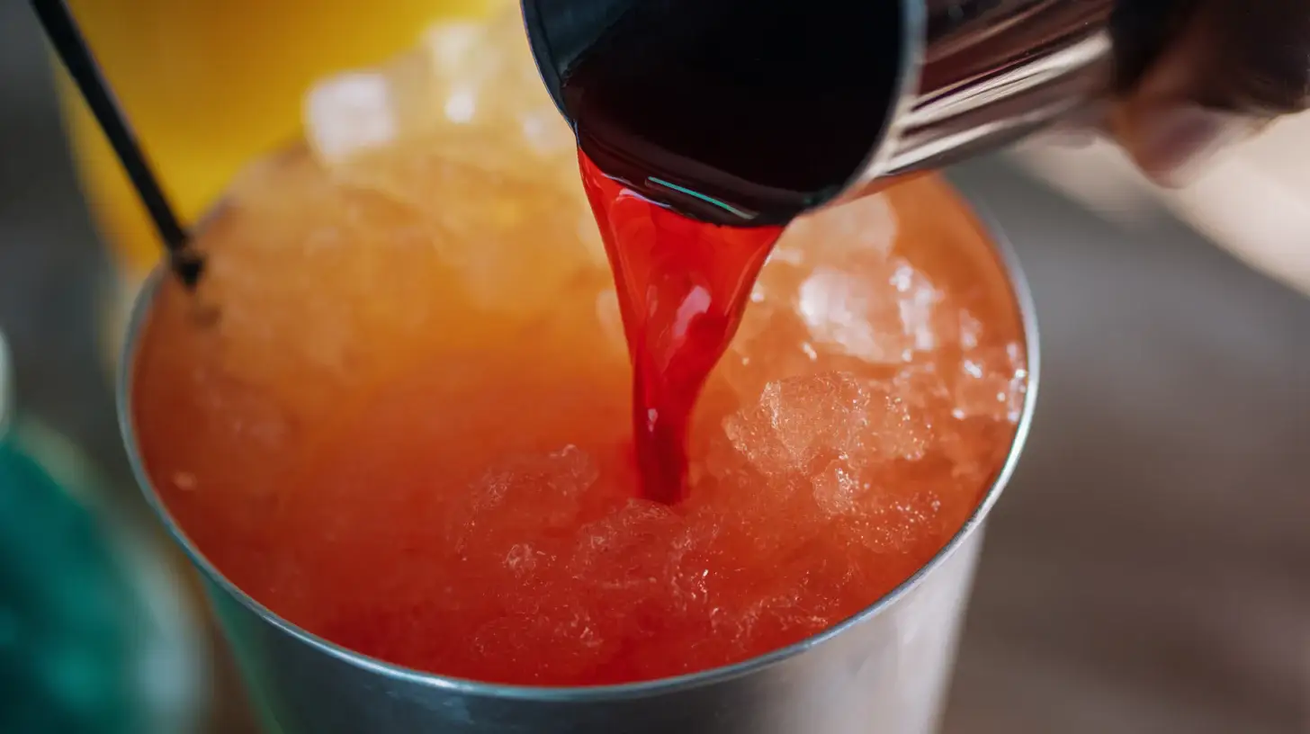pouring-grenadine-sunset-effect Pouring grenadine into cocktail to create sunset gradient