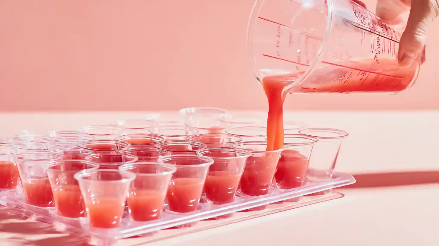pouring-jello-into-shot-cups pouring jello mixture into plastic shot cups