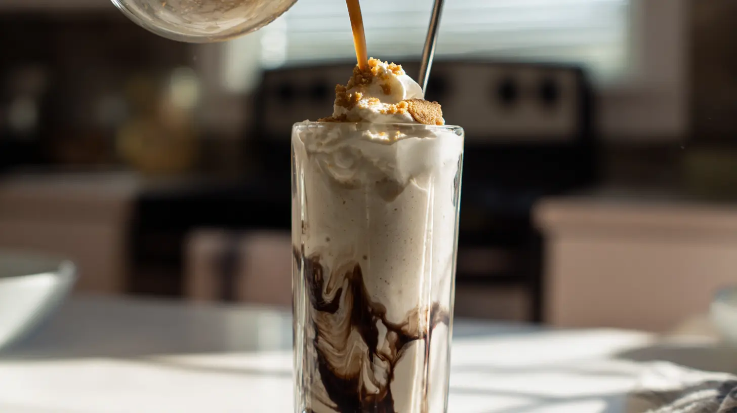 pouring-layering-smores-shake Pouring thick milkshake into chocolate-swirled glass and topping with whipped cream