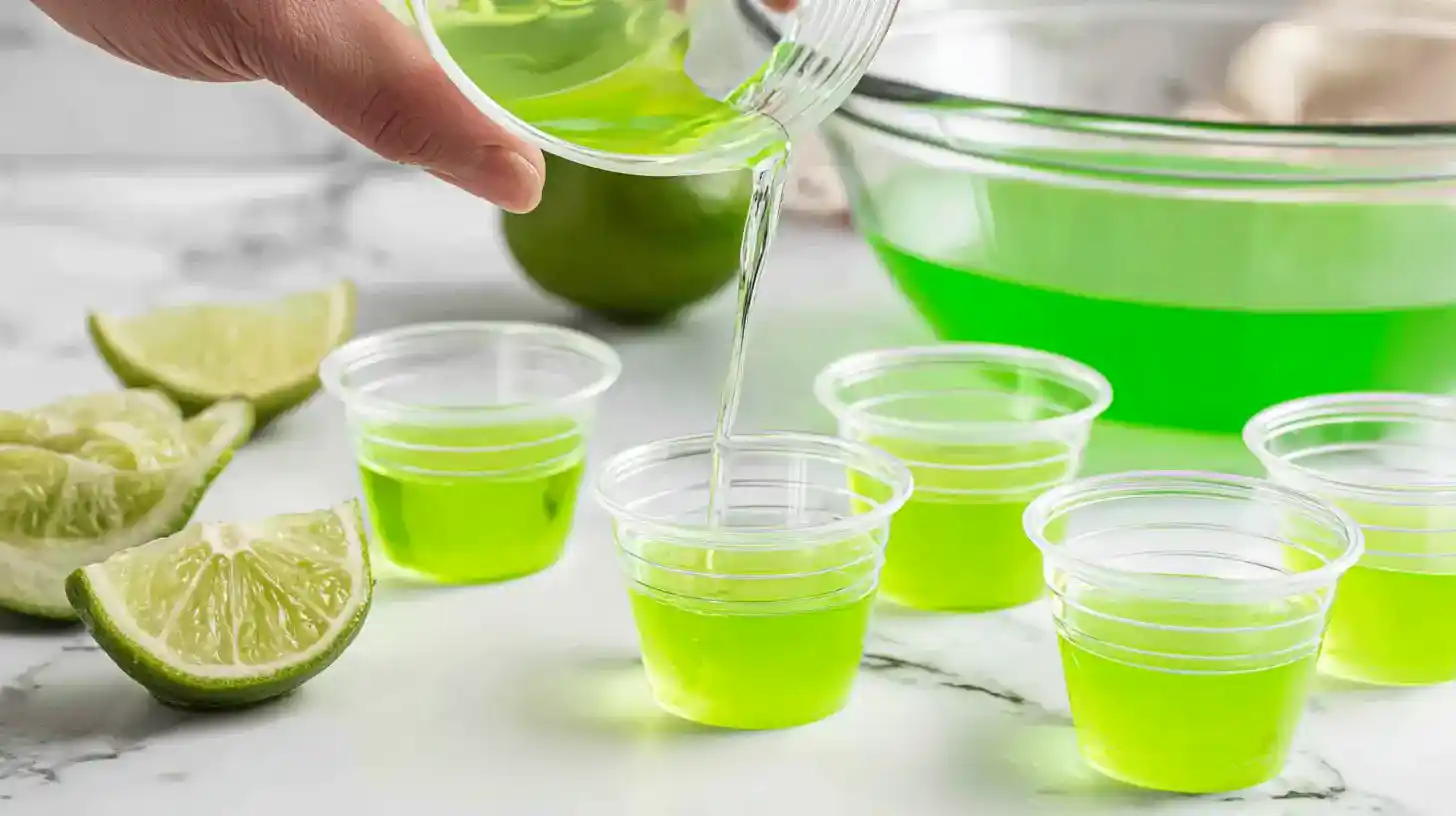 pouring-lime-layer-jello-shots Pouring lime gelatin into shot cups for first layer