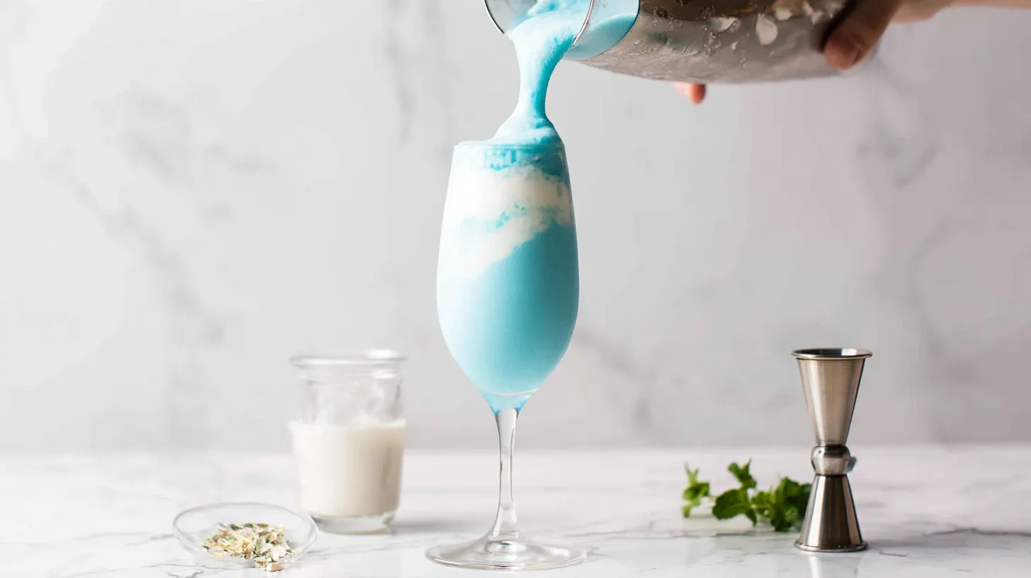 pouring-ocean-blue-Piña-colada Pouring ocean blue piña colada into a glass