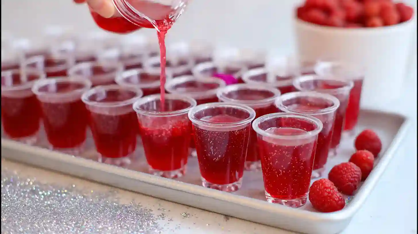 pouring-pink-panic-shots pouring pink jello into shot glasses for chilling