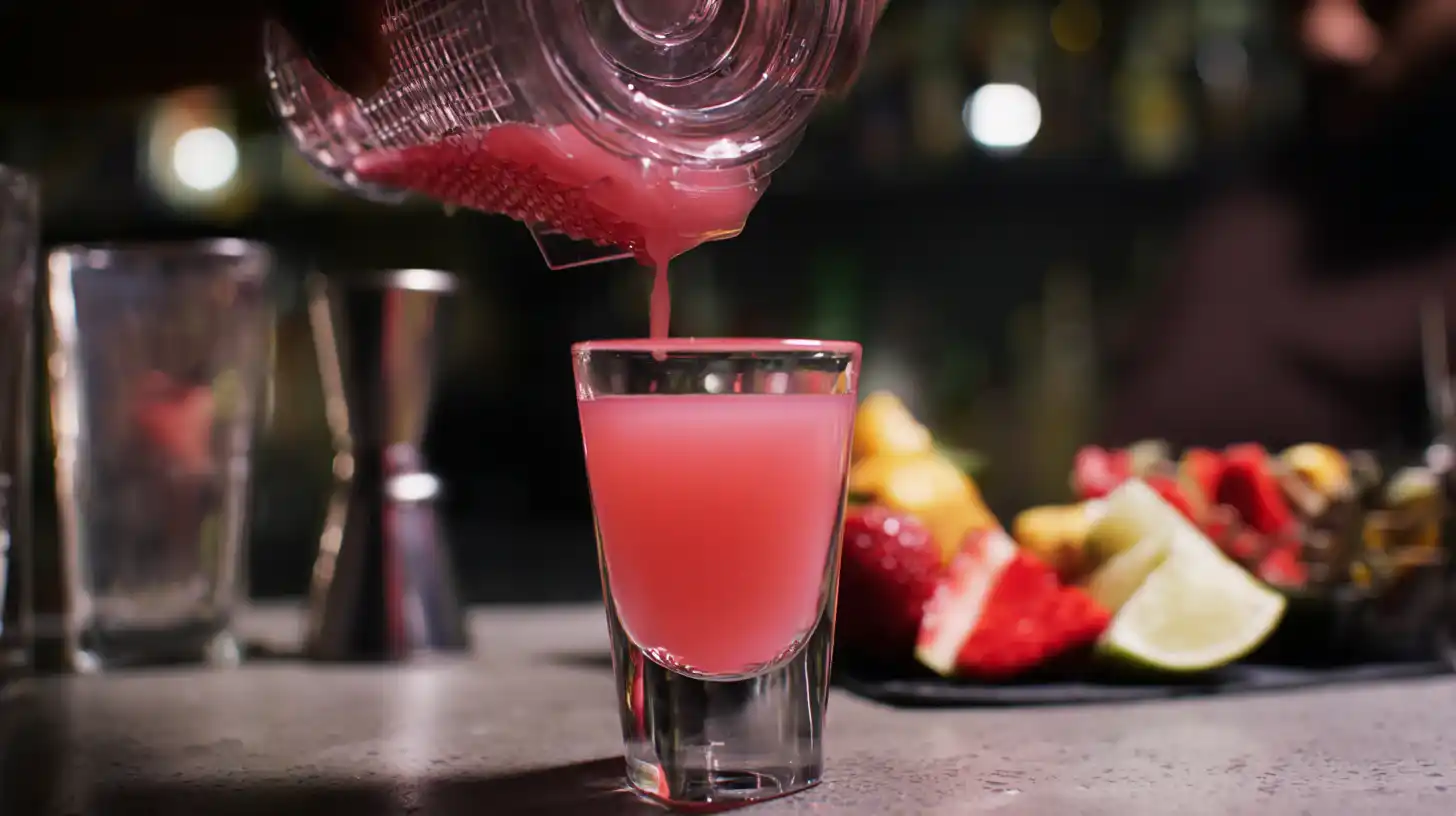 pouring-pink-pony-shot-Recipe pouring pink pony shot Recipe into a chilled glass