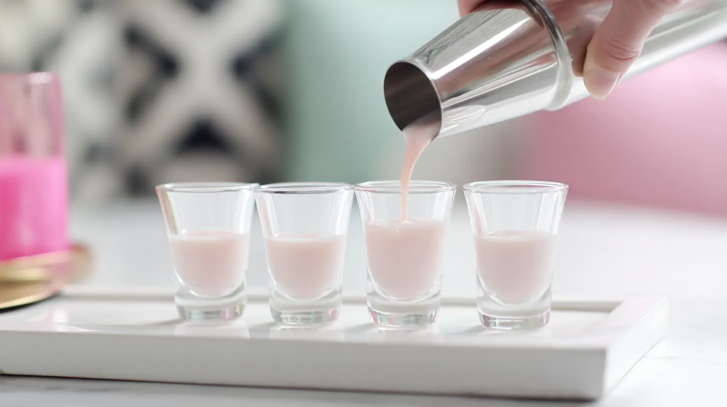 pouring-pink-pony-shots-with-whipped-cream pouring pink pony shots into shot glasses