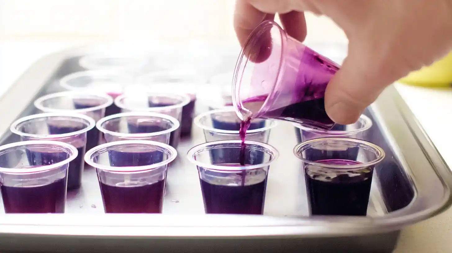 pouring-purple-layer-pink-pony-jello Pouring grape jello layer into cups
