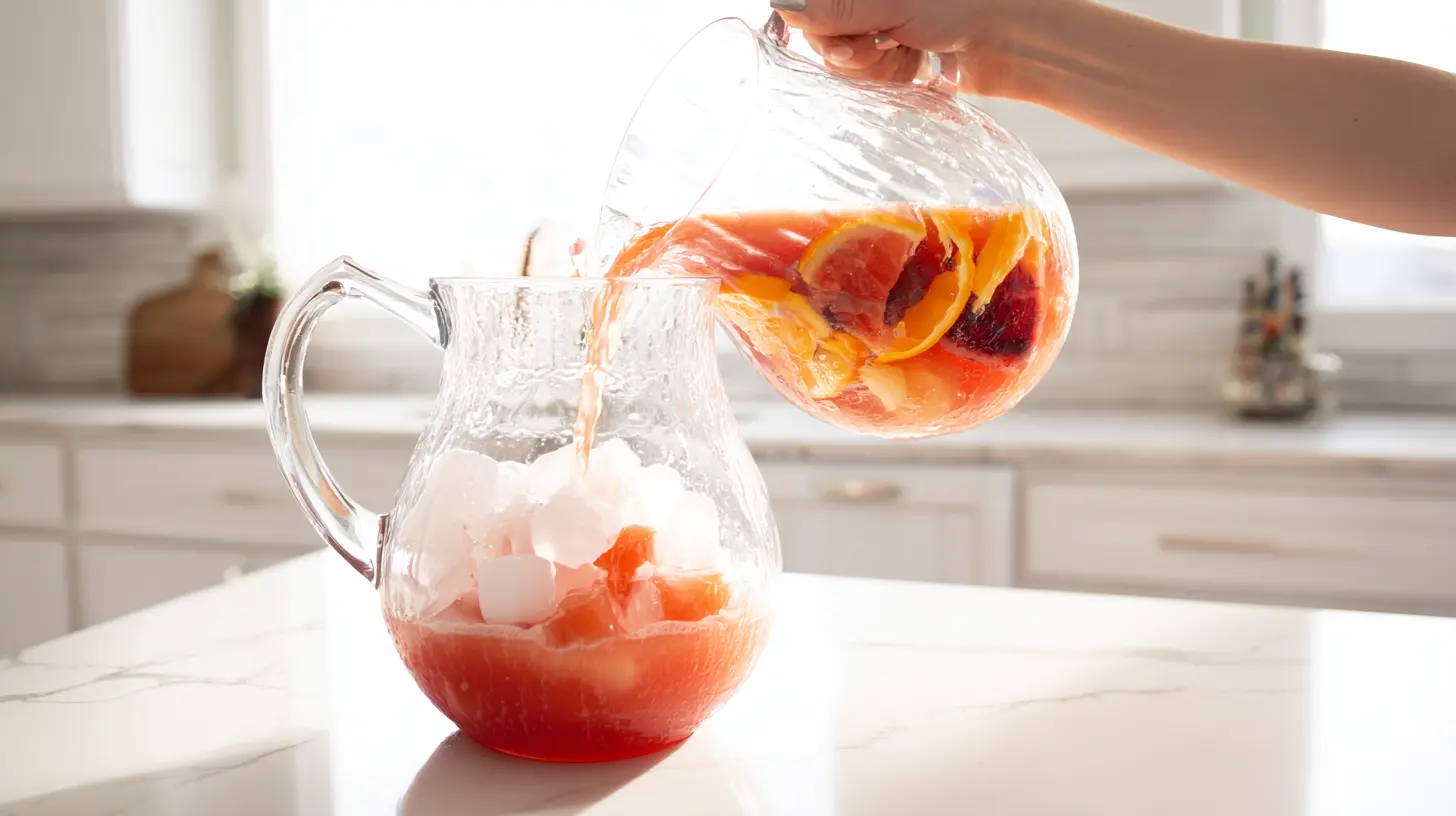 pouring-summer-punch-into-pitcher pouring strawberry apple punch into a glass pitcher