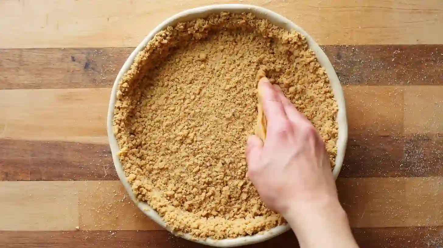 pressing-crumble-into-pie-crust Pressing peanut butter crumble into pie crust