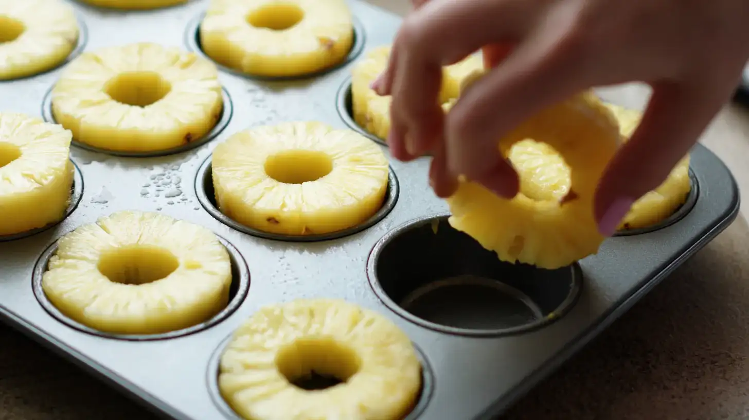 pressing-pineapple-into-donut-pan Placing pineapple rings in donut pan for sweet potato donut recipe