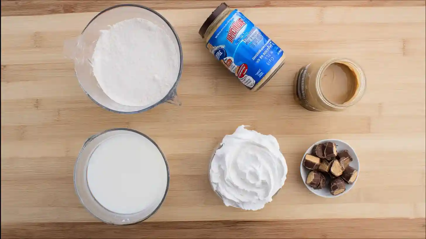 reeses-frosting-ingredients-display Ingredients for Reese s pudding Cool Whip frosting laid out on counter