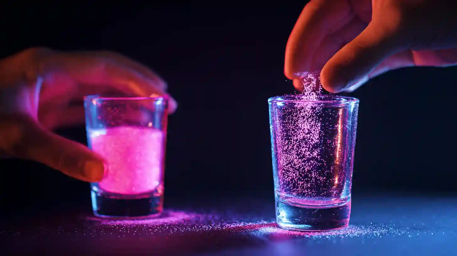 rimming-electric-kiss-shots dipping shot glasses in pink neon sugar for rim