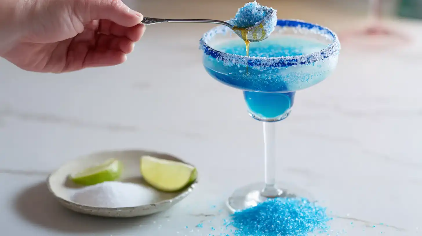 rimming-glass-baby-shark-cocktail Rimming glass with blue sugar for Baby Shark Cocktail