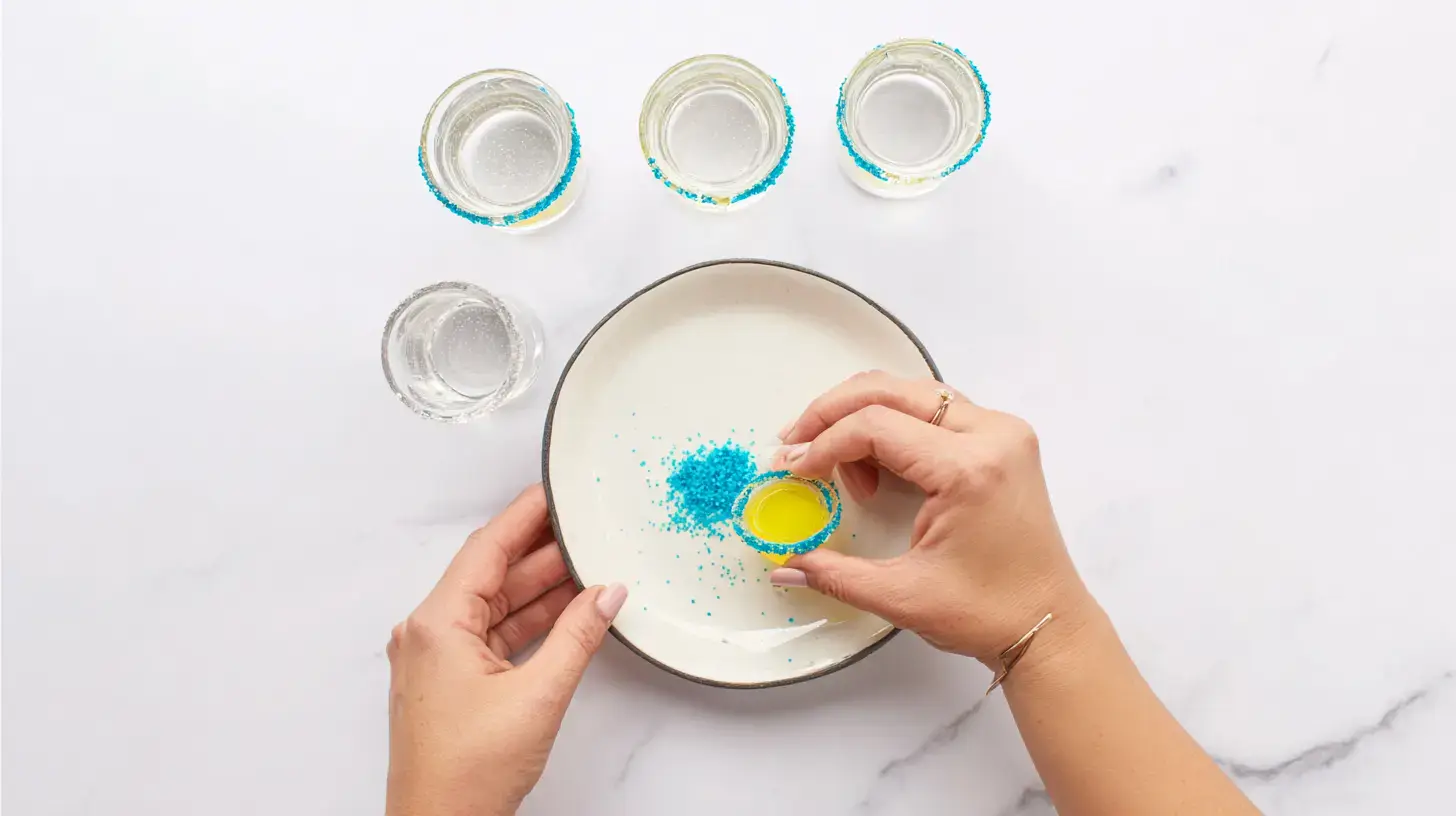 rimming-shot-glasses-blue-sugar Shot glass being rimmed with blue sugar