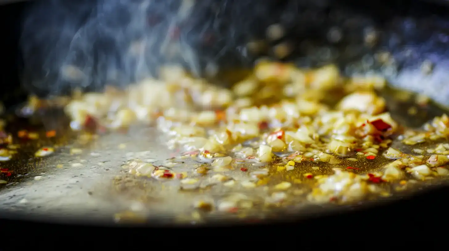 saute-garlic-shallot-aromatics Sautéing garlic, shallots, and red pepper flakes in butter and olive oil