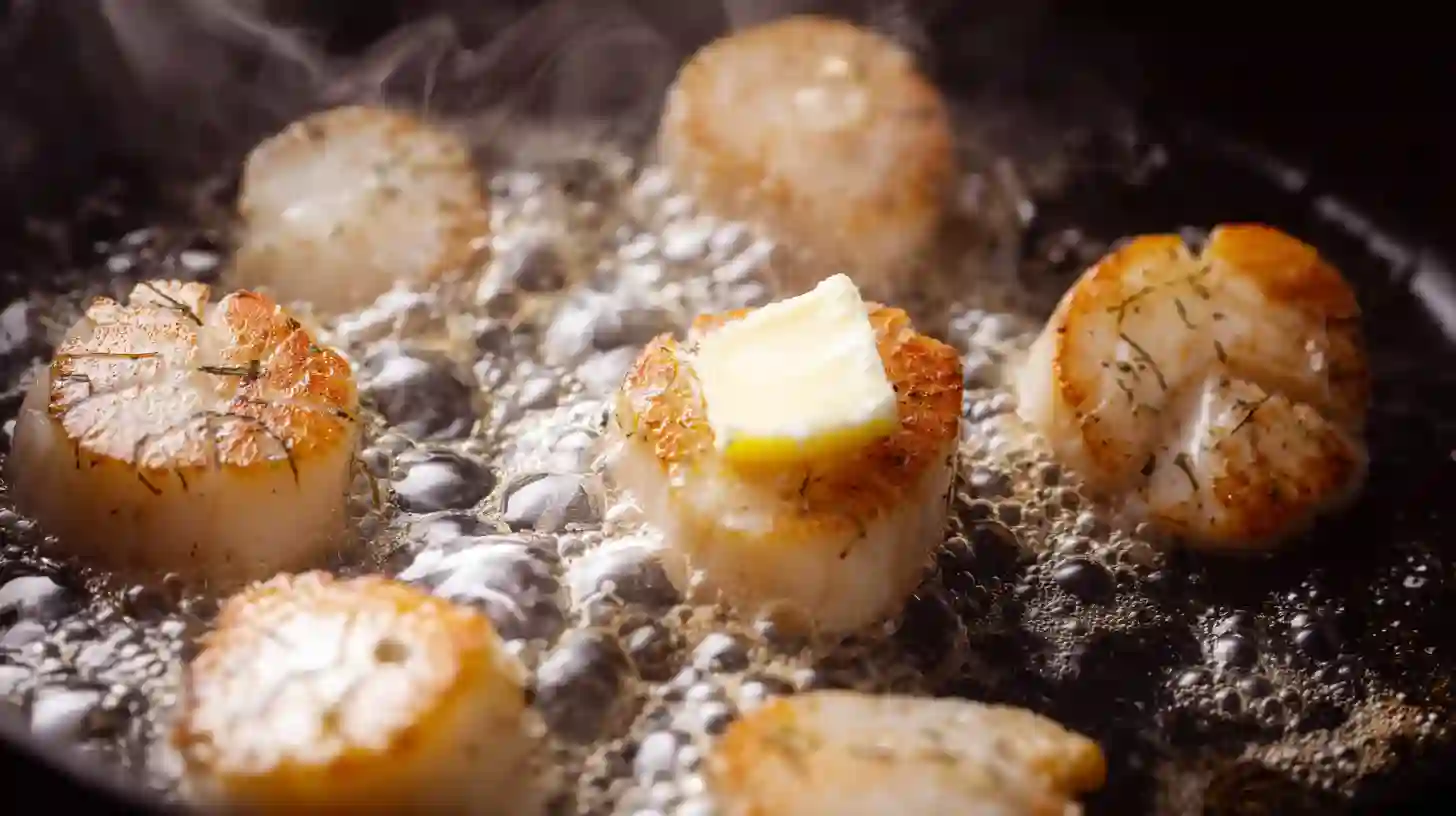 searing-scallops-in-pan scallops searing in hot buttered skillet