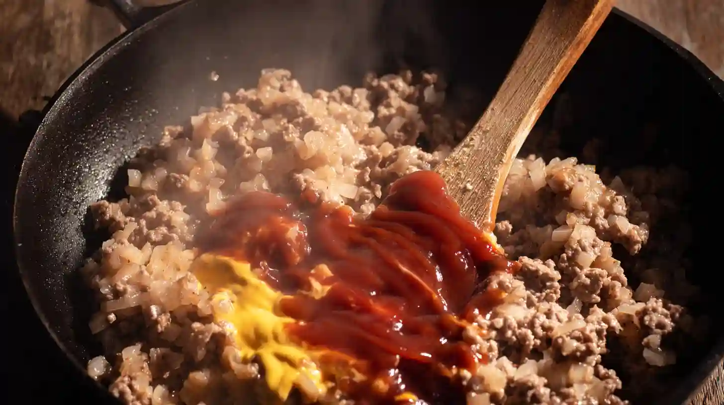 seasoning-beef-ketchup-mustard Stirring ketchup and mustard into cooked ground beef
