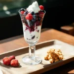 blueberry and vanilla parfait served with berries and whipped cream