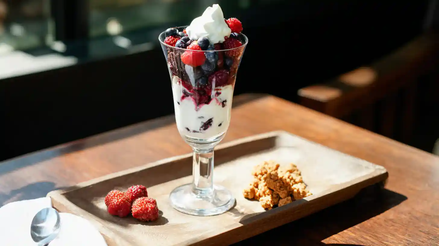 served BLUEBERRY & VANILLA SWIRL ICE CREAM PARFAIT blueberry and vanilla parfait served with berries and whipped cream
