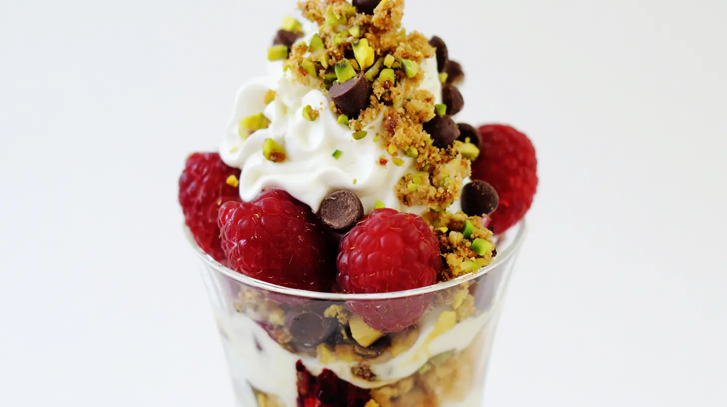 served-Banana-Berry-Chocolate-Parfait-Sundae served Banana Berry Chocolate Parfait Sundae with toppings