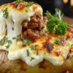 served cheesy Delicious Lasagna Baked Potato Recipe with parsley