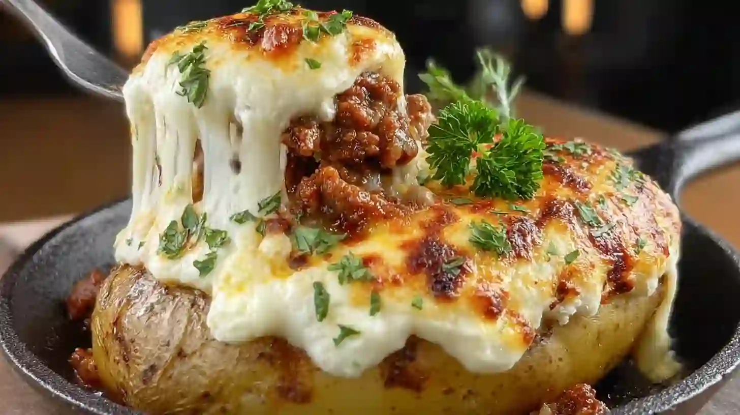served-Delicious-lasagna-baked-potato-Recipe served cheesy Delicious Lasagna Baked Potato Recipe with parsley