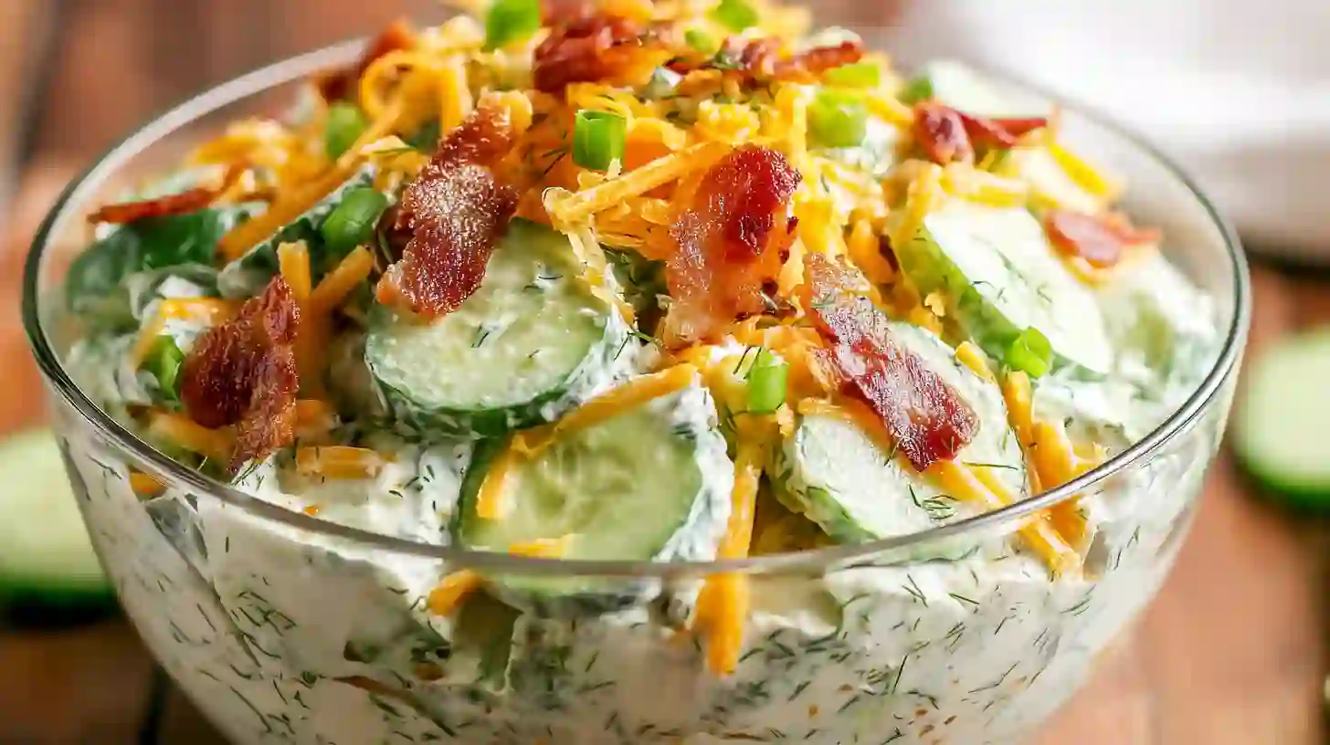 served-cucumber-Ranch-crack-salad-Recipes served portion of Cucumber Ranch Crack Salad Recipes with cheddar and bacon