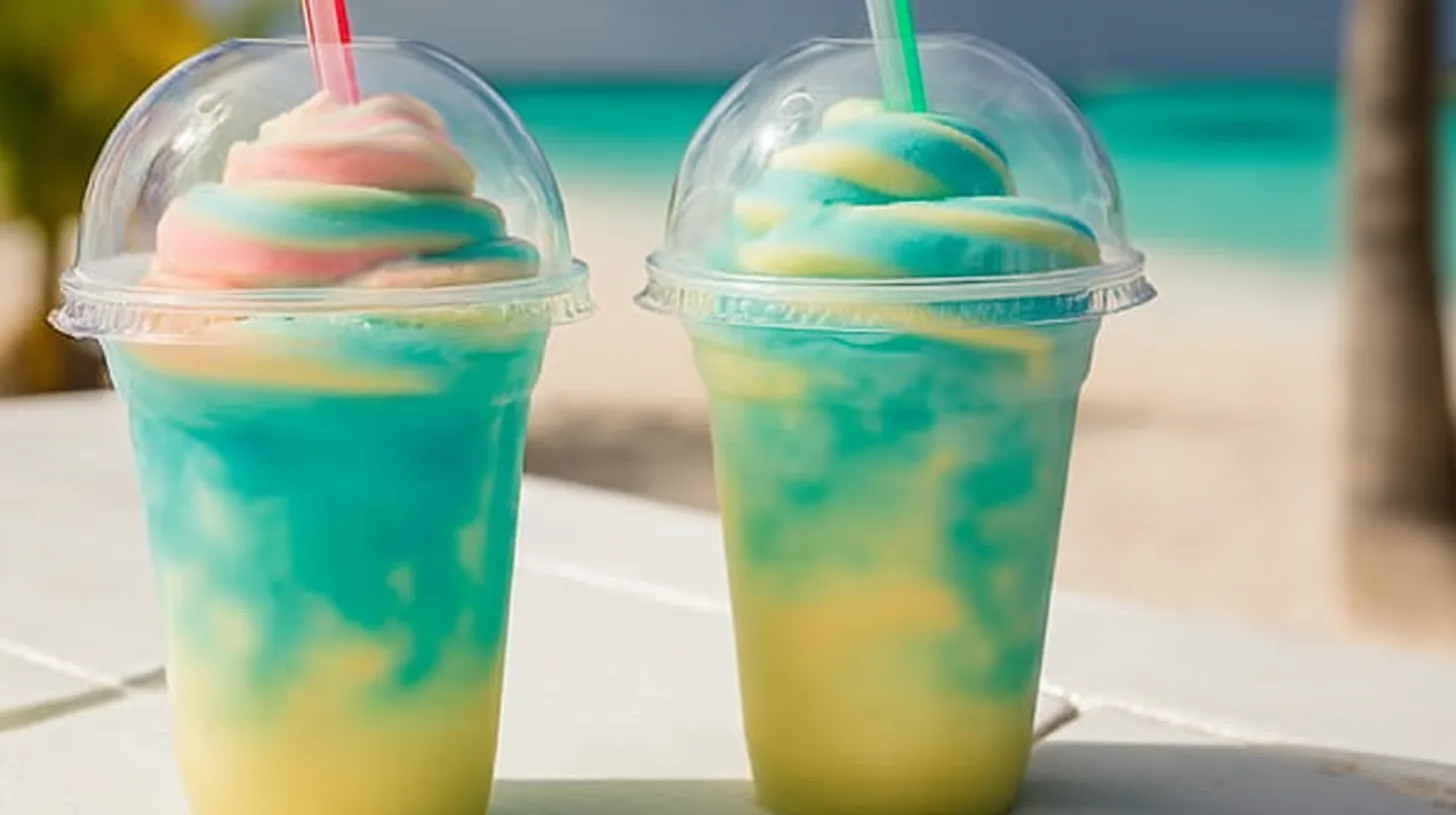 served-tropical-sherbet-swirl-mocktail served tropical sherbet swirl mocktails with beach background with whipped cream