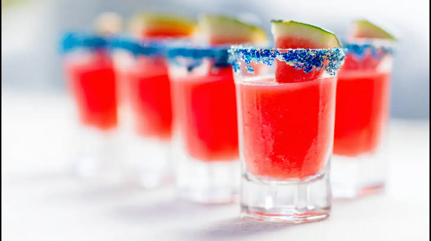 served-watermelon-lemon-drop-shots Served watermelon lemon drop shots with garnish and blue rims